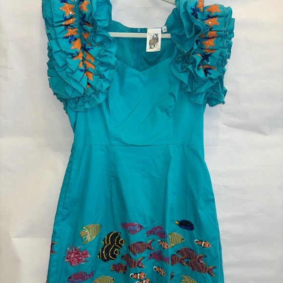 Queen of Sparkles Aqua Fish Ruffle Sleeve Dress size Small - Picture 3 of 6